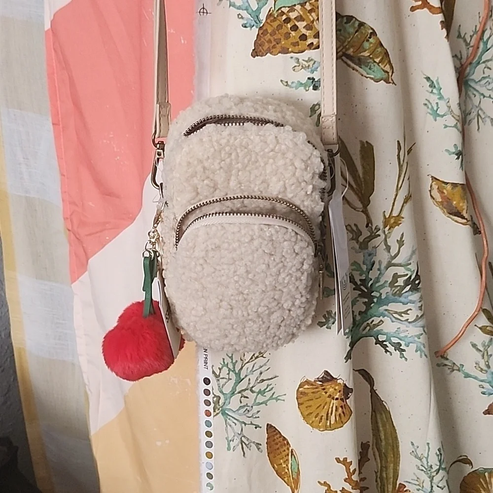 Brown Crossbody Bag with Cream Sherpa Pouch And Bom Bom Keychain Set Of 3 - Picture 16 of 17